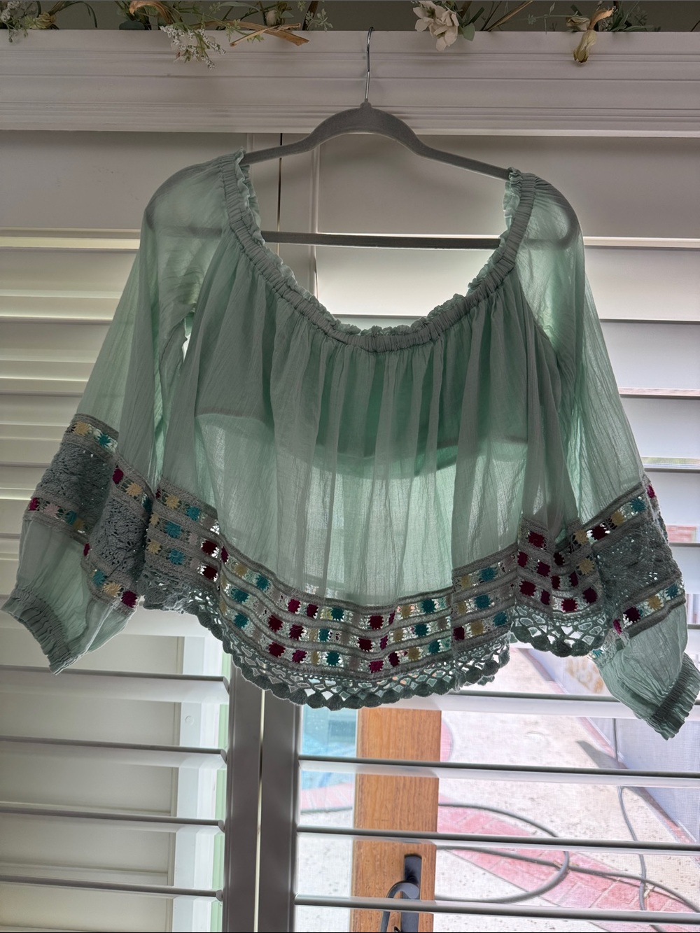 Free People Light Mint Embroidered Crochet-Hem Crop Top - Mint
